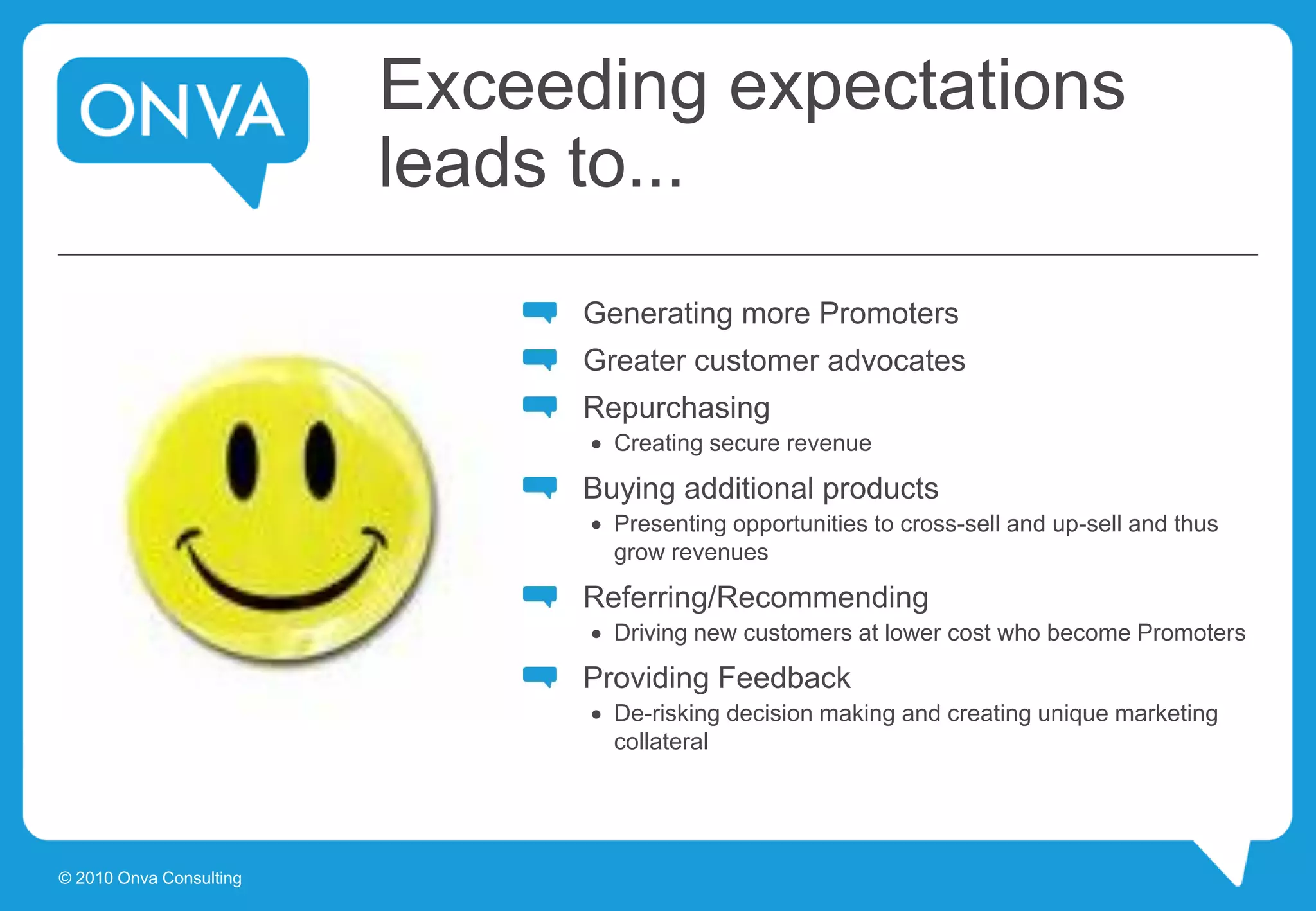 Exceeding expectations
leads to...
Generating more Promoters
Greater customer advocates
Repurchasing
 Creating secure revenue
Buying additional products
 Presenting opportunities to cross-sell and up-sell and thus
grow revenues
Referring/Recommending
 Driving new customers at lower cost who become Promoters
Providing Feedback
 De-risking decision making and creating unique marketing
collateral
© 2010 Onva Consulting
 