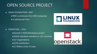 OPEN SOURCE PROJECT
 LINUX FOUNDATION- 2007
●7800 contributors from 800 companies
● 6 patches per hour
 OPENSTACK – 2010
●Started in NASA/Rackspace project
●10418 individual members in 125 countries
●217 organizations
●1278 contributors
●1.3 Millions lines of code.
 