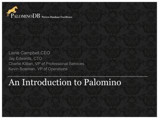 Laine Campbell,CEO
Jay Edwards, CTO
Charlie Killian, VP of Professional Services
Kevin Bowman, VP of Operations


An Introduction to Palomino
 