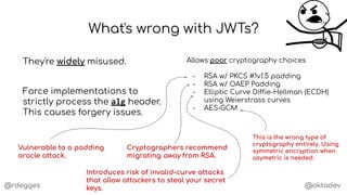 @rdegges @oktadev
What's wrong with JWTs?
Allows poor cryptography choices
- RSA w/ PKCS #1v1.5 padding
- RSA w/ OAEP Padding
- Elliptic Curve Diffie-Hellman (ECDH)
using Weierstrass curves
- AES-GCM
They're widely misused.
Force implementations to
strictly process the alg header.
This causes forgery issues.
Vulnerable to a padding
oracle attack.
Cryptographers recommend
migrating away from RSA.
Introduces risk of invalid-curve attacks
that allow attackers to steal your secret
keys.
This is the wrong type of
cryptography entirely. Using
symmetric encryption when
asymetric is needed.
 