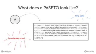 @rdegges @oktadev
What does a PASETO look like?
P
v2.public.eyJpZCI6ICJjNDQ1NDY1Mi05NWExLTQ2MzktODA0Y
y0yZjc2MTVhNGMwMjciLCAibmFtZSI6ICJSYW5kYWxsIERlZ2dl
cyIsICJleHAiOiAiMjAxOS0xMC0xMFQxMTowNDozNS0wNzowMCJ
9rUy35ian_44WAlMLVi5Wk4GGvDlmCpEWkldn1CH3RgLfo-VUWm
xC9EPTBY8l0uoomavACbAIoo1OiGVNMew1Bw.eyJraWQiOiAiMT
IzNDUifQbase64-encoded
URL safe!
 