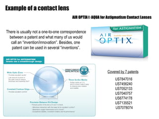 KID| July 2017 14
Example of a contact lens
AIR OPTIX® AQUA for Astigmatism Contact Lenses
Covered by 7 patents
US7847016
US7456240
US7052133
US7040757
US6774178
US7135521
US7078074
There is usually not a one-to-one correspondence
between a patent and what many of us would
call an “invention/innovation”. Besides, one
patent can be used in several “inventions”.
 
