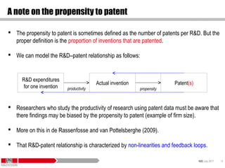 KID| July 2017 19
A note on the propensity to patent
 The propensity to patent is sometimes defined as the number of patents per R&D. But the
proper definition is the proportion of inventions that are patented.
 We can model the R&D–patent relationship as follows:
 Researchers who study the productivity of research using patent data must be aware that
there findings may be biased by the propensity to patent (example of firm size).
 More on this in de Rassenfosse and van Pottelsberghe (2009).
 That R&D-patent relationship is characterized by non-linearities and feedback loops.
R&D expenditures
for one invention
Actual invention Patent(s)
productivity propensity
 