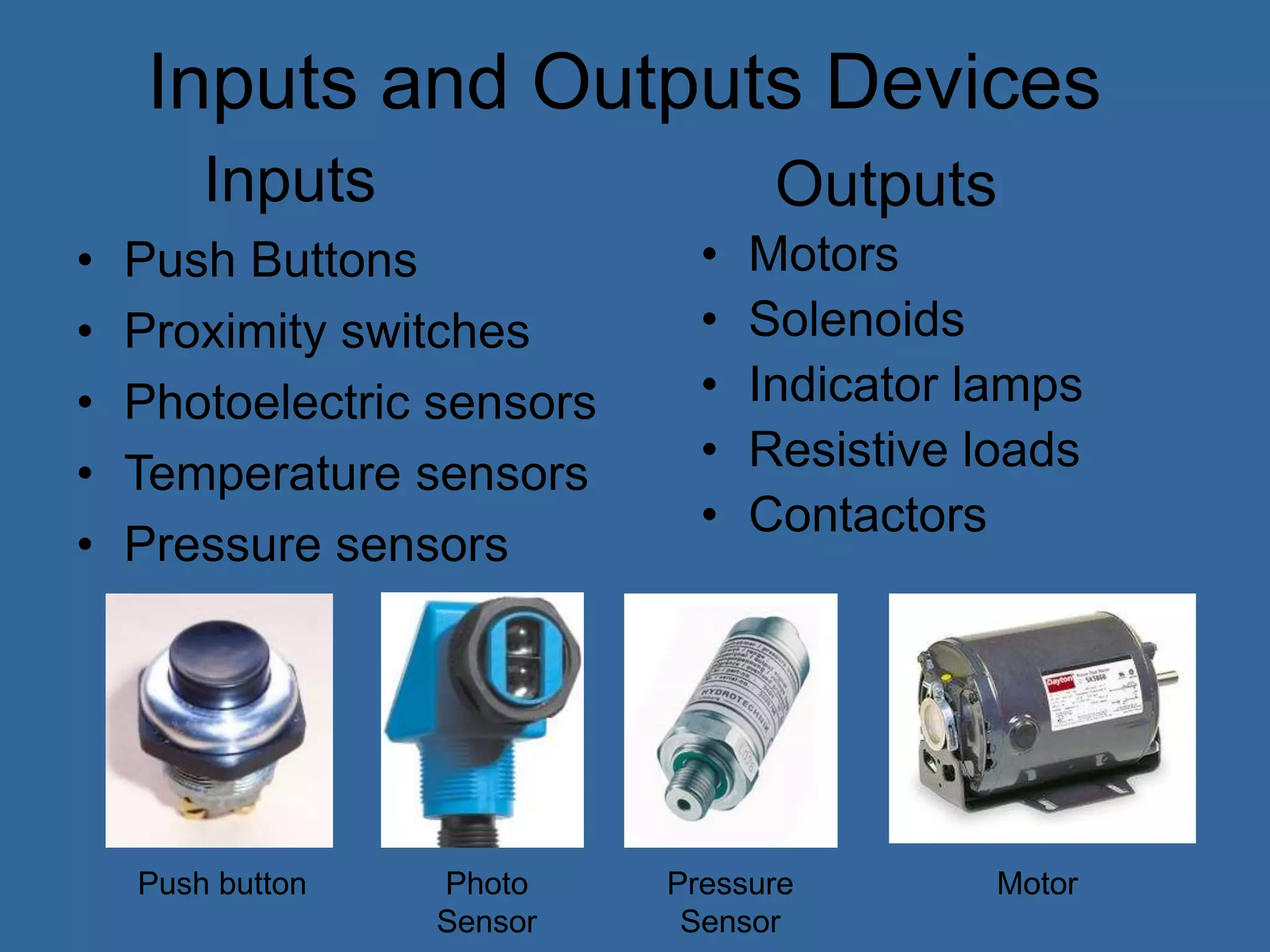 Inputs and Outputs Devices
• Push Buttons
• Proximity switches
• Photoelectric sensors
• Temperature sensors
• Pressure sensors
• Motors
• Solenoids
• Indicator lamps
• Resistive loads
• Contactors
Inputs Outputs
Push button Photo
Sensor
Pressure
Sensor
Motor
 