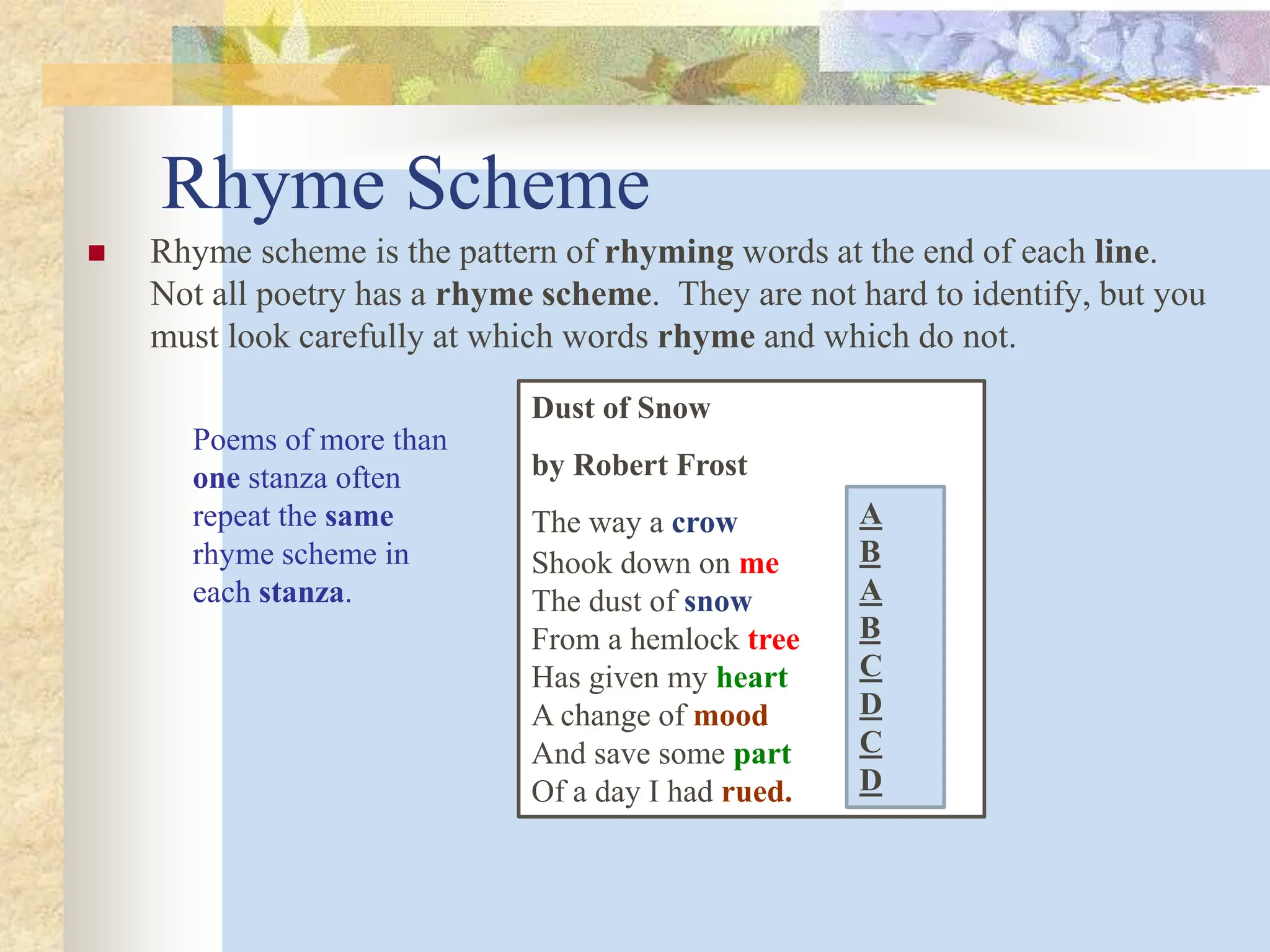 Rhyme Scheme
 Rhyme scheme is the pattern of rhyming words at the end of each line.
Not all poetry has a rhyme scheme. They are not hard to identify, but you
must look carefully at which words rhyme and which do not.
Poems of more than
one stanza often
repeat the same
rhyme scheme in
each stanza.
Dust of Snow
by Robert Frost
The way a crow
Shook down on me
The dust of snow
From a hemlock tree
Has given my heart
A change of mood
And save some part
Of a day I had rued.
A
B
A
B
C
D
C
D
 