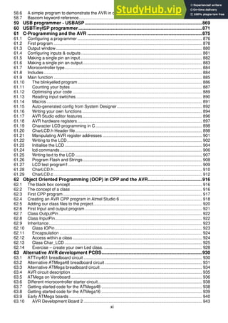 xi
58.6 A simple program to demonstrate the AVR in operation............................................................ 865
58.7 Bascom keyword reference....................................................................................................... 867
59 USB programmer - USBASP ...........................................................................................869
60 USBTinyISP programmer................................................................................................871
61 C-Programming and the AVR .........................................................................................875
61.1 Configuring a programmer ........................................................................................................ 876
61.2 First program ............................................................................................................................ 878
61.3 Output window .......................................................................................................................... 880
61.4 Configuring inputs & outputs ..................................................................................................... 881
61.5 Making a single pin an input...................................................................................................... 882
61.6 Making a single pin an output.................................................................................................... 883
61.7 Microcontroller type................................................................................................................... 884
61.8 Includes .................................................................................................................................... 884
61.9 Main function ............................................................................................................................ 885
61.10 The blinkyelled program........................................................................................................ 886
61.11 Counting your bytes .............................................................................................................. 887
61.12 Optimising your code ............................................................................................................ 889
61.13 Reading input switches ......................................................................................................... 890
61.14 Macros .................................................................................................................................. 891
61.15 Auto-generated config from System Designer....................................................................... 892
61.16 Writing your own functions .................................................................................................... 894
61.17 AVR Studio editor features.................................................................................................... 896
61.18 AVR hardware registers ........................................................................................................ 897
61.19 Character LCD programming in C ......................................................................................... 898
61.20 CharLCD.h Header file.......................................................................................................... 898
61.21 Manipulating AVR register addresses ................................................................................... 901
61.22 Writing to the LCD................................................................................................................. 902
61.23 Initialise the LCD................................................................................................................... 904
61.24 lcd commands....................................................................................................................... 906
61.25 Writing text to the LCD .......................................................................................................... 907
61.26 Program Flash and Strings.................................................................................................... 908
61.27 LCD test program1................................................................................................................ 909
61.28 CharLCD.h............................................................................................................................ 910
61.29 CharLCD.c ............................................................................................................................ 912
62 Object Oriented Programming (OOP) in CPP and the AVR..........................................916
62.1 The black box concept .............................................................................................................. 916
62.2 The concept of a class .............................................................................................................. 916
62.3 First CPP program .................................................................................................................... 917
62.4 Creating an AVR CPP program in Atmel Studio 6..................................................................... 918
62.5 Adding our class files to the project........................................................................................... 920
62.6 First Input and output program.................................................................................................. 921
62.7 Class OutputPin........................................................................................................................ 922
62.8 Class InputPin........................................................................................................................... 922
62.9 Inheritance................................................................................................................................ 923
62.10 Class IOPin........................................................................................................................... 923
62.11 Encapsulation ....................................................................................................................... 924
62.12 Access within a class ............................................................................................................ 924
62.13 Class Char_LCD ................................................................................................................... 925
62.14 Exercise – create your own Led class. .................................................................................. 928
63 Alternative AVR development PCBS..............................................................................930
63.1 ATTiny461 breadboard circuit ................................................................................................... 930
63.2 Alternative ATMega48 breadboard circuit ................................................................................. 931
63.3 Alternative ATMega breadboard circuit ..................................................................................... 934
63.4 AVR circuit description.............................................................................................................. 935
63.5 ATMega on Veroboard.............................................................................................................. 936
63.6 Different microcontroller starter circuit....................................................................................... 938
63.7 Getting started code for the ATMega48 .................................................................................... 938
63.8 Getting started code for the ATMega16 .................................................................................... 939
63.9 Early ATMega boards ............................................................................................................... 940
63.10 AVR Development Board 2 ................................................................................................... 943
 