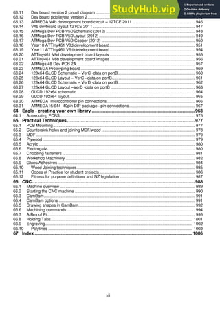 xii
63.11 Dev board version 2 circuit diagram ...................................................................................... 944
63.12 Dev board pcb layout version 2............................................................................................. 945
63.13 ATMEGA V4b development board circuit – 12TCE 2011 ...................................................... 946
63.14 V4b devboard layout 12TCE 2011 ........................................................................................ 947
63.15 ATMega Dev PCB V5DSchematic (2012) ............................................................................. 948
63.16 ATMega Dev PCB V5DLayout (2012) ................................................................................... 949
63.17 ATMega Dev PCB V5D Copper (2012) ................................................................................. 950
63.18 Year10 ATTiny461 V3d development board.......................................................................... 951
63.19 Year11 ATTiny461 V6d development board.......................................................................... 954
63.20 ATTiny461 V6d development board layouts.......................................................................... 955
63.21 ATTiny461 V6b development board images.......................................................................... 956
63.22 ATMega 48 Dev PCB 2A....................................................................................................... 957
63.23 ATMEGA Protoyping board................................................................................................... 959
63.24 128x64 GLCD Schematic – VerC -data on portB................................................................... 960
63.25 128x64 GLCD Layout – VerC –data on portB........................................................................ 961
63.26 128x64 GLCD Schematic – VerD -data on portB................................................................... 962
63.27 128x64 GLCD Layout –VerD -data on portB ......................................................................... 963
63.28 GLCD 192x64 schematic ...................................................................................................... 964
63.29 GLCD 192x64 layout............................................................................................................. 965
63.30 ATMEGA microcontroller pin connections ............................................................................ 966
63.31 ATMEGA16/644 40pin DIP package– pin connections......................................................... 967
64 Eagle - creating your own library ...................................................................................968
64.1 Autorouting PCBS..................................................................................................................... 975
65 Practical Techniques.......................................................................................................977
65.1 PCB Mounting........................................................................................................................... 977
65.2 Countersink holes and joining MDF/wood ................................................................................. 978
65.3 MDF.......................................................................................................................................... 979
65.4 Plywood .................................................................................................................................... 979
65.5 Acrylic ....................................................................................................................................... 980
65.6 Electrogalv................................................................................................................................ 980
65.7 Choosing fasteners................................................................................................................... 981
65.8 Workshop Machinery ................................................................................................................ 982
65.9 Glues/Adhesives....................................................................................................................... 984
65.10 Wood Joining techniques ...................................................................................................... 985
65.11 Codes of Practice for student projects................................................................................... 986
65.12 Fitness for purpose definitions and NZ legislation ................................................................. 987
66 CNC...................................................................................................................................988
66.1 Machine overview ..................................................................................................................... 989
66.2 Starting the CNC machine ........................................................................................................ 990
66.3 CamBam................................................................................................................................... 991
66.4 CamBam options ...................................................................................................................... 991
66.5 Drawing shapes in CamBam..................................................................................................... 992
66.6 Machining commands ............................................................................................................... 994
66.7 A Box of Pi................................................................................................................................ 995
66.8 Holding Tabs........................................................................................................................... 1001
66.9 Engraving................................................................................................................................ 1002
66.10 Polylines ............................................................................................................................. 1003
67 Index ...............................................................................................................................1006
 
