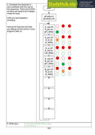 122
5. Complete this flowchart in
your workbook with the rest of
the sequence. There are 9 LEDs
so there will need to be 9 stages
inside the loop.
CAN you see thepattern
emerging
Having the flowchart will help
you debug (correct errors in your
program) later on
6. Write your 'TrafficLightsVer1.bas
'B.Collis
start
all reds on
all others off
A_red off
B_grn on
grn_delay
B_grn off
B_or on
or_delay
A_red off
A_grn on
grn_delay
A_grn off
A_or on
or_delay
A_or off
A_red on
red_delay
 