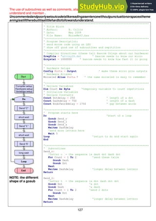 127
The use of subroutines as well as comments, aliases and constants will make your code easier to
understand and maintain .
Uncommentedandpoorlysetoutcodeislikereadingasentencewithoutpunctuationorspacestheme
aningisstilltherebutitisalittlehardtofollowandunderstand.
NOTE: the different
shape of a gosub
'------------------------------------------------------------------
' Title Block
' Author: B. Collis
' Date: May 2008
' File Name: MorseMeV2.bas
'------------------------------------------------------------------
' Program Description:
' send morse code using an LED
' show off good use of subroutines and repitition
'------------------------------------------------------------------
' Compiler Directives (these tell Bascom things about our hardware)
$regfile = "attiny26.dat ' bascom needs to know our micro
$crystal = 1000000 ' bascom needs to know how fast it is going
'------------------------------------------------------------------
' Hardware Setups
Config Porta = Output ' make these micro pins outputs
' Hardware Aliases
Morseled Alias Porta.7 ' the name morseled is easy to remember
'------------------------------------------------------------------
' Declare Variables
Dim Count As Byte 'temporary variable to count repetitions
' Initialise Variables
' Declare Constants
Const Dotdelay = 250 ' length of a dot
Const Dashdelay = 750 ' length of a dash
Const Endofworddelay = 1750 ' gap between words
'------------------------------------------------------------------
' Program starts here
Do 'start of a loop
Gosub Send_c
Gosub Send_l
Gosub Send_s
Waitms Dashdelay
'send more letters here
Wait 5
Loop 'return to do and start again
End
'------------------------------------------------------------------
' Subroutines
Send_c:
'letter c - the sequence is dash dot dash dot
For Count = 1 To 2 'send these twice
Gosub Dash
Gosub Dot
Next
Waitms Dashdelay 'longer delay between letters
Return
Send_l:
'letter l - the sequence is dot dash dot dot
Gosub Dot 'a dot
Gosub Dash 'a dash
For Count = 1 To 2 'send 2 dots
Gosub Dot
Next
Waitms Dashdelay 'longer delay between letters
Return
 