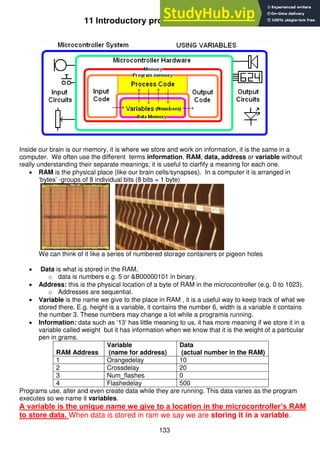 133
11 Introductory programming – using variables
Inside our brain is our memory, it is where we store and work on information, it is the same in a
computer. We often use the different terms information, RAM, data, address or variable without
really understanding their separate meanings; it is useful to clarfify a meaning for each one.
 RAM is the physical place (like our brain cells/synapses). In a computer it is arranged in
‘bytes’ -groups of 8 individual bits (8 bits = 1 byte)
We can think of it like a series of numbered storage containers or pigeon holes
 Data is what is stored in the RAM,
o data is numbers e.g. 5 or &B00000101 in binary.
 Address: this is the physical location of a byte of RAM in the microcontroller (e.g. 0 to 1023).
o Addresses are sequential.
 Variable is the name we give to the place in RAM , it is a useful way to keep track of what we
stored there. E.g. height is a variable, it contains the number 6, width is a variable it contains
the number 3. These numbers may change a lot while a programis running.
 Information: data such as ‘13’ has little meaning to us, it has more meaning if we store it in a
variable called weight but it has information when we know that it is the weight of a particular
pen in grams.
RAM Address
Variable
(name for address)
Data
(actual number in the RAM)
1 Orangedelay 10
2 Crossdelay 20
3 Num_flashes 0
4 Flashedelay 500
Programs use, alter and even create data while they are running. This data varies as the program
executes so we name it variables.
A variable is the unique name we give to a location in the microcontroller’s RAM
to store data. When data is stored in ram we say we are storing it in a variable.
 