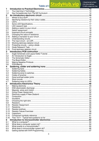 ii
Table of Contents
1 Introduction to Practical Electronics ...............................................................................13
1.1 Your learning in Technology........................................................................................................ 14
1.2 Key Competencies from The NZ Curriculum ............................................................................... 14
2 An introductory electronic circuit ....................................................................................15
2.1 Where to buy stuff?..................................................................................................................... 15
2.2 Identifying resistors by their colour codes.................................................................................... 16
2.3 LED's .......................................................................................................................................... 17
2.4 Some LED Specifications............................................................................................................ 17
2.5 LED research task ...................................................................................................................... 17
2.6 Adding a switch to your circuit..................................................................................................... 18
2.7 Switch assignment...................................................................................................................... 18
2.8 Important circuit concepts ........................................................................................................... 19
2.9 Changing the value of resistance ................................................................................................ 19
2.10 Adding a transistor to your circuit ................................................................................................ 20
2.11 Understanding circuits................................................................................................................. 21
2.12 The input circuit – an LDR........................................................................................................... 22
2.13 Working darkness detector circuit ............................................................................................... 23
2.14 Protecting circuits – using a diode............................................................................................... 24
2.15 Diode Research Task.................................................................................................................. 24
2.16 Final darkness detector circuit..................................................................................................... 25
3 Introductory PCB contruction ..........................................................................................26
3.1 Eagle Schematic and Layout Editor Tutorial................................................................................ 26
3.2 An Introduction to Eagle.............................................................................................................. 27
3.3 The Schematic Editor.................................................................................................................. 28
3.4 The Board Editor......................................................................................................................... 33
3.5 Making Negative Printouts .......................................................................................................... 37
3.6 PCB Making................................................................................................................................ 38
4 Soldering, solder and soldering irons .............................................................................41
4.1 Soldering facts ............................................................................................................................ 42
4.2 Soldering Safety.......................................................................................................................... 42
4.3 Soldering wires to switches......................................................................................................... 43
4.4 Codes of practice........................................................................................................................ 44
4.5 Good and bad solder joints ......................................................................................................... 45
4.6 Short circuits............................................................................................................................... 46
4.7 Soldering wires to LED’s............................................................................................................. 48
5 Introductory Electronics Theory ......................................................................................49
5.1 Making electricity ........................................................................................................................ 49
5.2 ESD electrostatic discharge ........................................................................................................ 51
5.3 Magnets, wires and motion ......................................................................................................... 52
5.4 Group Power Assignment ........................................................................................................... 52
5.5 Electricity supply in New Zealand................................................................................................ 53
5.6 Conductors ................................................................................................................................. 54
5.7 Insulators .................................................................................................................................... 54
5.8 Choosing the right wire ............................................................................................................... 55
5.9 Resistors..................................................................................................................................... 56
5.10 Resistor Assignment ................................................................................................................... 56
5.11 Resistivity.................................................................................................................................... 56
5.12 Resistor prefixes ......................................................................................................................... 57
5.13 Resistor Values Exercises .......................................................................................................... 58
5.14 Capacitors................................................................................................................................... 60
5.15 Component symbols reference ................................................................................................... 61
5.16 Year 10/11 - Typical test questions so far ................................................................................... 62
6 Introduction to microcontroller electronics ....................................................................63
6.1 What is a computer? ................................................................................................................... 64
6.2 What does a computer system do?............................................................................................. 64
6.3 What exactly is a microcontroller?............................................................................................... 65
6.4 What does a microcontroller system do?..................................................................................... 66
6.5 Getting started with AVR Programming....................................................................................... 67
 