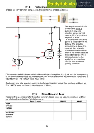 24
2.14 Protecting circuits – using a diode
Diodes are very common components, they come in all shapes and sizes.
The key characteristic of a
diode is that there is
current in only one
direction so you cannot
reverse it in the circuit and
expect it to work.
In this modified circuit the
power is supplied from the
battery. The circuit is
protected by a diode, this
means if the battery is
connected in reverse then
there is no current because
the diode blocks it (this is
commonly used in the
workshop to protect our
circuits from a reverse
polarity situation).
Of course no diode is perfect and should the voltage of the power supply exceed the voltage rating
of the diode then the diode would breakdown, this means the current would increase rapidly and it
would burn up. The 1N4004 has a 400V rating.
Diodes can only take a certain current in the forward direction before they overheat and burn up.
The 1N4004 has a maximum forward current of 1Amp.
2.15 Diode Research Task
Research the specifications for these two common diodes (ones we use often in class) and find
out what each specification / attribute means.
Description 1N4007 1N4148
Peak
reverse
voltage
Maximum
forward
current
 