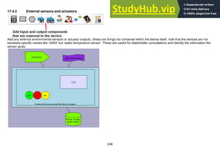 246
17.4.3 External sensors and actuators
Add any external environmental sensors or actuator outputs, (these are things not contained within the device itself, note that the devices are not
hardware specific names like ‘LM35’ but ‘water temperature sensor’. These are useful for stakeholder consultations and identify the information the
sensor gives.
 