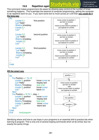 281
19.8 Repetition again - the ‘For-Next’ and the LCD
This command makes programmers life easier by allowing easy control of the number of times
something happens. This is perhaps the essence of computer programming, getting the computer
to do repetitive work for you. If you want some text to move across an LCD then you could do it
the long way
Do
Locate 2,1 ‘first position
Lcd “Hello”
Waitms timedelay
Locate 2,1
Lcd “ “
Locate 2,2 ‘second position
Lcd “Hello”
Waitms timedelay
Locate 2,2
Lcd “ “
Locate 2,3 ‘third posistion
Lcd “Hello”
Waitms timedelay
Locate 23
Lcd “ “
…
...
Loop
OR the smart way
Do
For Position = 1 To 16 ‘
Locate 2, position ‘move cursor w
Lcd “Hello” ‘display text
Waitms Timedelay 'wait a bit
Locate 2, position ‘move cursor
Lcd “ “ ‘blank lcd
Next
For Position = 16 To 1, step -1
Locate 2, position ‘move cursor
Lcd “world” ‘display text
Waitms Timedelay 'wait a bit
Locate 2, position ‘move cursor
Lcd “ ” ‘blank text
Next
Loop
End 'end program
Identifying where and how to use loops in your programs is an essential skill to practice lots when
learning to program. This is only one of several looping commands which all do similar (but not
exactly the same) things.
move cursor to position 2
put text on screen
wait
move cxursor back to postion 2
put spaces on screen
move cursor to position 3
put text on screen
wait
move cxursor back to postion 3
put spaces on screen
move cursor to position 1
put text on screen
wait
move cxursor back to postion 1
put spaces on screen
move cursor to position
put text on screen
wait
move cxursor back to postion
put spaces on screen
incr position
position = 1
N position = 16
Y
 