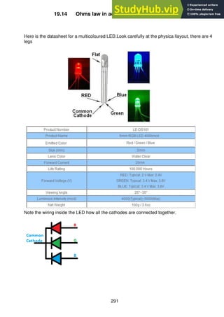 291
19.14 Ohms law in action – a multicoloured LED
Here is the datasheet for a multicoloured LED.Look carefully at the physica llayout, there are 4
legs
Note the wiring inside the LED how all the cathodes are connected together.
 