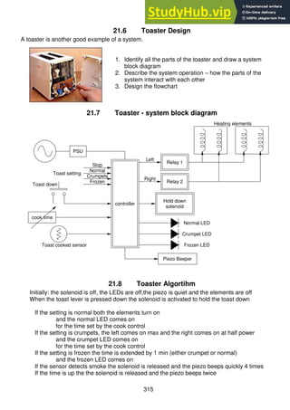 315
21.6 Toaster Design
A toaster is another good example of a system.
1. Identify all the parts of the toaster and draw a system
block diagram
2. Describe the system operation – how the parts of the
system interact with each other
3. Design the flowchart
21.7 Toaster - system block diagram
21.8 Toaster Algortihm
Initially: the solenoid is off, the LEDs are off,the piezo is quiet and the elements are off
When the toast lever is pressed down the solenoid is activated to hold the toast down
If the setting is normal both the elements turn on
and the normal LED comes on
for the time set by the cook control
If the setting is crumpets, the left comes on max and the right comes on at half power
and the crumpet LED comes on
for the time set by the cook control
If the setting is frozen the time is extended by 1 min (either crumpet or normal)
and the frozen LED comes on
If the sensor detects smoke the solenoid is released and the piezo beeps quickly 4 times
If the time is up the the solenoid is released and the piezo beeps twice
Relay 1
Relay 2
Right
Left
Stop
Normal
Crumpets
Frozen
Toast setting
Toast down
Toast cooked sensor
cook time
Heating elements
Hold down
solenoid
Normal LED
Crumpet LED
controller
PSU
Frozen LED
Piezo Beeper
 