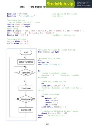 320
22.5 Time tracker flowchart and program version 1
$crystal = 1000000 'the speed of the micro
$regfile = "attiny26.dat" 'our micro
'Hardware Setups
' setup direction of all ports
Config Porta = Output '
Config Pina.7 = Input
'LCD setup
Config Lcdpin = Pin , Db4 = Portb.4 , Db5 = Portb.3 , Db6 = Portb.5 ,
Db7 = Portb.6 , E = Portb.1 , Rs = Portb.0
Config Lcd = 20 * 2 'configure lcd screen
'Hardware Aliases
Grn_sw Alias Pina.7
Piezo Alias Porta.3
'Declare Variable to store timing
Dim Seconds As Byte
'program starts here
Cls
Cursor Off
Lcd "Time Tracker V1"
Do
'setup countdown value
Seconds = 5 '5secs for testing
purposes
'wait for start switch
Do
Loop Until Grn_sw = 0
‘need no debounce as next line has a
delay
‘start countdown
Do
Waitms 1000
Decr Seconds
Locate 2 , 1
Lcd Seconds
Loop Until Seconds = 0
'countdown finished so play sound
Sound Piezo , 150 , 100
Loop 'return to start
End
setup variables
start
N grnstart=0?
Y
countdown
play sound
N countdown=0?
Y
 