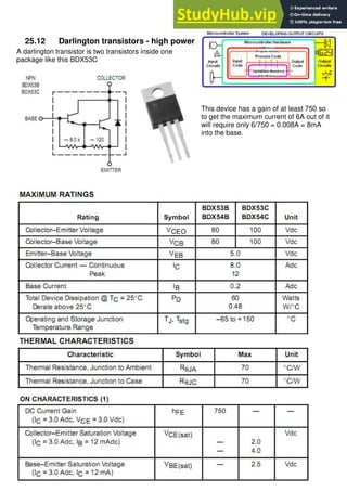 363
25.12 Darlington transistors - high power
A darlington transistor is two transistors inside one
package like this BDX53C
This device has a gain of at least 750 so
to get the maximum current of 6A out of it
will require only 6/750 = 0.008A = 8mA
into the base.
 