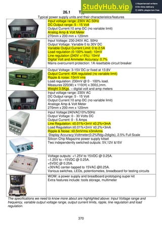 370
26.1 Typical PSUs
Typical power supply units and their characteristics/features
Input voltage range: 230V AC 50Hz
DC Output range: 5 - 15 Volt
Output Current:10 amp DC (no variable limit)
Analog Amp & Volt Meter
270mm x 200 mm x 120mm
Input Voltage: 230-240V AC. 50Hz
Output Voltage: Variable 0 to 30V DC
Variable Output Current Limit: 0 to 2.5A
Load regulation (0-100% load): 10mV
Line regulation (240V +/-5%): 10mV
Digital Volt and Ammeter Accuracy: 0.7%
Mains overcurrent protection: 1A resettable circuit breaker
Output Voltage: 3-15V DC or fixed at 13.8V
Output Current: 40A regulated (no variable limit)
Ripple & noise: 10mV rms
Load regulation: 230mV @ 0 - 100% load.
Measures 220(W) x 110(H) x 300(L)mm.
Weight 3.5Kgs. – digital volt and amp meters
Input voltage range: 230V AC
DC Output range: 5 - 15 Volt
Output Current:10 amp DC (no variable limit)
Analoge Amp & Volt Meter
270mm x 200 mm x 120mm
Input Voltage:240VAC10%/50Hz
Output Voltage: 0 - 30 Volts DC
Output Current: 0 - 5 Amps
Line Regulation: ≤0.01%+3mV ≤0.2%+3mA
Load Regulation:≤0.01%+2mV ≤0.2%+3mA
Ripple & Noise: ≤0.5mVrms ≤3mArms
Display Accuracy:Voltmeter(0.2%Rdg+2digits), 2.5% Full Scale
Silicon Chip Magazine power supply kitset
Two independently switched outputs: 5V,12V &15V
Voltage outputs: +1.25V to 15VDC @ 0.25A.
–1.25V to –15VDC @ 0.25A.
+5VDC @ 0.25A.
+30VAC center-tapped to 15VAC @0.25A.
Various switches, LEDs, potentiometes, breadboard for testing circuits
WOW: a power supply and breadboard prototyping super kit
Extra features include: tools storage, multimeter
The specifications we need to know more about are highlighted above: Input Voltage range and
frequency, variable output voltage range, output current limits, ripple, line regulation and load
regulation.
 