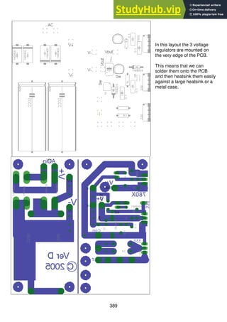 389
In this layout the 3 voltage
regulators are mounted on
the very edge of the PCB.
This means that we can
solder them onto the PCB
and then heatsink them easily
against a large heatsink or a
metal case.
 