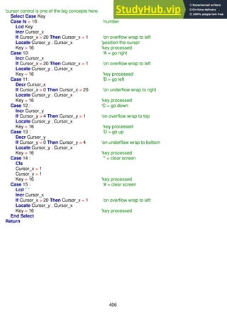 406
'cursor control is one of the big concepts here.
Select Case Key
Case Is < 10: 'number
Lcd Key
Incr Cursor_x
If Cursor_x > 20 Then Cursor_x = 1 'on overflow wrap to left
Locate Cursor_y , Cursor_x 'position the cursor
Key = 16 'key processed
Case 10: 'A = go right
Incr Cursor_x
If Cursor_x > 20 Then Cursor_x = 1 'on overflow wrap to left
Locate Cursor_y , Cursor_x
Key = 16 'key processed
Case 11: 'B = go left
Decr Cursor_x
If Cursor_x = 0 Then Cursor_x = 20 'on underflow wrap to right
Locate Cursor_y , Cursor_x
Key = 16 'key processed
Case 12 : 'C = go down
Incr Cursor_y
If Cursor_y > 4 Then Cursor_y = 1 'on overflow wrap to top
Locate Cursor_y , Cursor_x
Key = 16 'key processed
Case 13 : 'D = go up
Decr Cursor_y
If Cursor_y = 0 Then Cursor_y = 4 'on underflow wrap to bottom
Locate Cursor_y , Cursor_x
Key = 16 'key processed
Case 14 : '* = clear screen
Cls
Cursor_x = 1
Cursor_y = 1
Key = 16 'key processed
Case 15 : '# = clear screen
Lcd " "
Incr Cursor_x
If Cursor_x > 20 Then Cursor_x = 1 'on overflow wrap to left
Locate Cursor_y , Cursor_x
Key = 16 'key processed
End Select
Return
 