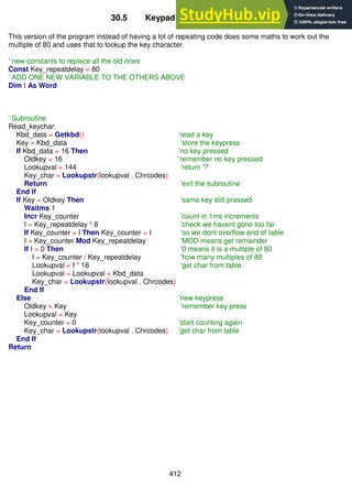 412
30.5 Keypad texter program 1a
This version of the program instead of having a lot of repeating code does some maths to work out the
multiple of 80 and uses that to lookup the key character.
' new constants to replace all the old ones
Const Key_repeatdelay = 80
' ADD ONE NEW VARIABLE TO THE OTHERS ABOVE
Dim I As Word
' Subroutine
Read_keychar:
Kbd_data = Getkbd() 'read a key
Key = Kbd_data 'store the keypress
If Kbd_data = 16 Then 'no key pressed
Oldkey = 16 'remember no key pressed
Lookupval = 144 'return '?'
Key_char = Lookupstr(lookupval , Chrcodes)
Return 'exit the subroutine
End If
If Key = Oldkey Then 'same key still pressed
Waitms 1
Incr Key_counter 'count in 1ms increments
I = Key_repeatdelay * 8 'check we havent gone too far
If Key_counter > I Then Key_counter = I 'so we dont overflow end of table
I = Key_counter Mod Key_repeatdelay 'MOD means get remainder
If I = 0 Then '0 means it is a multiple of 80
I = Key_counter / Key_repeatdelay 'how many multiples of 80
Lookupval = I * 16 'get char from table
Lookupval = Lookupval + Kbd_data
Key_char = Lookupstr(lookupval , Chrcodes)
End If
Else 'new keypress
Oldkey = Key 'remember key press
Lookupval = Key
Key_counter = 0 'start counting again
Key_char = Lookupstr(lookupval , Chrcodes) 'get char from table
End If
Return
 