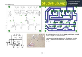 436
Layout diagrams
An important point to note are the heavy current tracks from the
power supply to the power transistors.
Here is the microphone sensor circuit.fo this sound tracking
robot; 4 of these were needed with one mounted in each
corner.
 