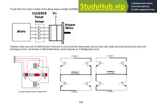 439
To get drive the motor in either of the above ways a simple ULN2803 darlington transistor array could be used
However there are a lot of inefficiencies in this sort of circuit and the motor power can be more fully made use of by driving more than one
winding at a time, sometimes in differentdirections, which requires an H-Bridge type circuit.
 