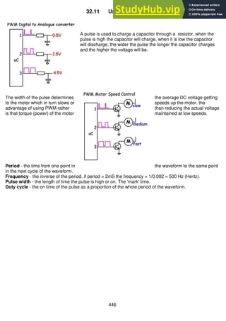 446
32.11 Uses for PWM
A pulse is used to charge a capacitor through a resistor, when the
pulse is high the capacitor will charge, when it is low the capacitor
will discharge, the wider the pulse the longer the capacitor charges
and the higher the voltage will be.
The width of the pulse determines the average DC voltage getting
to the motor which in turn slows or speeds up the motor. the
advantage of using PWM rather than reducing the actual voltage
is that torque (power) of the motor maintained at low speeds.
Period - the time from one point in the waveform to the same point
in the next cycle of the waveform.
Frequency - the inverse of the period, if period = 2mS the frequency = 1/0.002 = 500 Hz (Hertz).
Pulse width - the length of time the pulse is high or on. The 'mark' time.
Duty cycle - the on time of the pulse as a proportion of the whole period of the waveform.
 