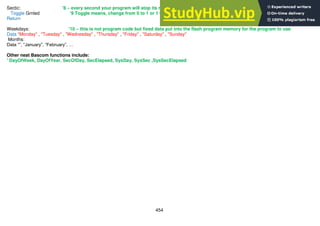 454
Sectic: '8 – every second your program will stop its noral execution of commands and come here
Toggle Grnled '9 Toggle means, change from 0 to 1 or 1 to 0
Return
Weekdays: '10 – this is not program code but fixed data put into the flash program memory for the program to use
Data "Monday" , "Tuesday" , "Wednesday" , "Thursday" , "Friday" , "Saturday" , "Sunday"
Months:
Data “”, “January”, “February”, …
Other neat Bascom functions include:
' DayOfWeek, DayOfYear, SecOfDay, SecElapsed, SysDay, SysSec ,SysSecElapsed
 
