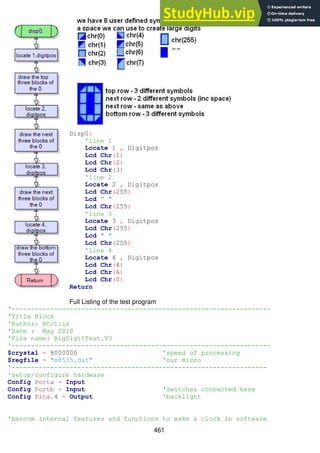 461
Disp0:
'line 1
Locate 1 , Digitpos
Lcd Chr(1)
Lcd Chr(2)
Lcd Chr(3)
'line 2
Locate 2 , Digitpos
Lcd Chr(255)
Lcd " "
Lcd Chr(255)
'line 3
Locate 3 , Digitpos
Lcd Chr(255)
Lcd " "
Lcd Chr(255)
'line 4
Locate 4 , Digitpos
Lcd Chr(4)
Lcd Chr(6)
Lcd Chr(0)
Return
Full Listing of the test program
'-------------------------------------------------------------------
'Title Block
'Author: BCollis
'Date : May 2010
'File name: BigDigitTest.V3
'-------------------------------------------------------------------
$crystal = 8000000 'speed of processing
$regfile = "m8535.dat" 'our micro
'------------------------------------------------------------------
'setup/configure hardware
Config Porta = Input
Config Portb = Input 'switches connected here
Config Pina.4 = Output 'backlight
'bascom internal features and functions to make a clock in software
 
