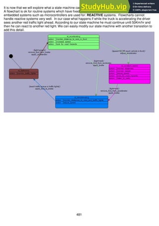 481
It is now that we will explore what a state machine can do for us that a flowchart cannot!
A flowchart is ok for routine systems which have fixed choices, however they are not useful for what
embedded systems such as microcontrollers are used for: REACTIVE systems. Flowcharts cannot
handle reactive systems very well. In our case what happens if while the truck is accelerating the driver
sees another red traffic light ahead. According to our state machine he must continue unitl 50Km/hr and
then he can react to another red light. We can easily modify our state machine with another transistion to
add this detail.
 