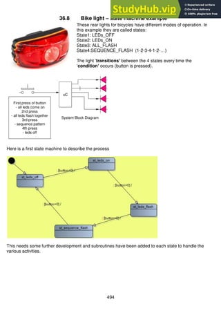 494
36.8 Bike light – state machine example
These rear lights for bicycles have different modes of operation. In
this example they are called states:
State1: LEDs_OFF
State2: LEDs_ON
State3: ALL_FLASH
State4:SEQUENCE_FLASH (1-2-3-4-1-2-…)
The light ‘transitions’ between the 4 states every time the
‘condition’ occurs (button is pressed).
Here is a first state machine to describe the process
This needs some further development and subroutines have been added to each state to handle the
various activities.
uC
First press of button
- all leds come on
2nd press
- all leds flash together
3rd press
- sequence pattern
4th press
- leds off
System Block Diagram
 