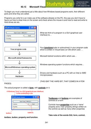 541
40.13 Microsoft Visual Basic 2008 Express Edition
To begin you must understand just a little about how Windows based programs work, their different
parts and what they are called.
Programs you write for a pc make use of the software already on the PC, this way you don’t have to
figure out how to draw lines on the screen and check where the mouse is and how to read and write to
hard drives etc etc.
What we think of a program is a GUI (graphical user
interface) to…
Your functions(subs or subroutines) in your program code
which is written in Visual basic (or C#) which uses …
Microsoft dotnet functions within which use…
Windows operating system functions which requires…
Drivers and hardware such as a PC with an Intel or AMD
microprocessor.
(THIS ISNT THE HARD BIT; THAT COMES IN A FEW
PAGES)
The actual program is called a form, with controls on it.
Textboxes and buttons are examples of
controls on a form
Controls have properties such as a ‘name’
property and a ‘text’ property (things written on
the control) as well as many other properties
Take note of the words GUI, form, control,
textbox, button, property and function.
 