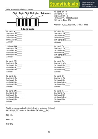 59
Here are some common values
1st band, Bn = 1
2nd band, R = 2
3rd band, BK = 0
4th band, Y = 0000 (4 zero’s)
5th band, Bn = 1%
Answer: 1,200,000 ohm, +/-1% = 1M2
1st band: Y_____
2nd band: Pu_____
3rd band: Bk_____
4th band: Bk_____
5th band: Bn_____
Answer:
1st band: BN_____
2nd band: Bk_____
3rd band: Bk_____
4th band: Bk_____
5th band: Bn_____
Answer
1st band: BN_____
2nd band: Bk_____
3rd band: Bk_____
4th band: BN_____
5th band: Bn_____
Answer:
1st band: Or_____
2nd band: Or_____
3rd band: Bk_____
4th band: R_____
5th band: Bn_____
Answer
1st band: BN_____
2nd band: Bk_____
3rd band: Bk_____
4th band: R_____
5th band: Bn
Answer:
1st band: Or_____
2nd band: Wh_____
3rd band: Bk_____
4th band: Bk_____
5th band: Bn_____
Answer:
1st band: Gn_____
2nd band: Bu_____
3rd band: Bk_____
4th band: Bk_____
5th band: Bn_____
Answer:
1st band: Bn_____
2nd band: Bk_____
3rd band: Bk_____
4th band: Gold_____
5th band: Bn_____
Answer:
1st band: BN_____
2nd band: Bk_____
3rd band: Bk_____
4th band: Silver_____
5th band: Bn_____
Answer:
1st band: Y_____
2nd band: Pu_____
3rd band: BK_____
4th band: Gold_____
5th band: Bn_____
Answer:
Find the colour codes for the following resistors (5 band)
1K2 1% (1,200 ohms = Bk – Rd – Bk – Bn __ Bn)
18k 1%
4M7 1%
8K2 1%
 