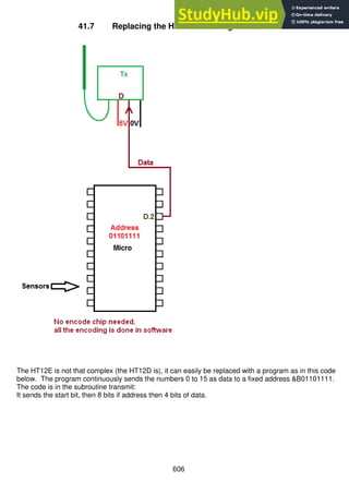 606
41.7 Replacing the HT12E encoding with software
The HT12E is not that complex (the HT12D is), it can easily be replaced with a program as in this code
below. The program continuously sends the numbers 0 to 15 as data to a fixed address &B01101111.
The code is in the subroutine transmit:
It sends the start bit, then 8 bits if address then 4 bits of data.
 