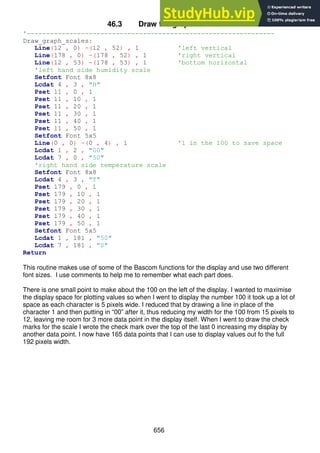 656
46.3 Draw the graph scales
'----------------------------------------------------------------
Draw_graph_scales:
Line(12 , 0) -(12 , 52) , 1 'left vertical
Line(178 , 0) -(178 , 52) , 1 'right vertical
Line(12 , 53) -(178 , 53) , 1 'bottom horizontal
'left hand side humidity scale
Setfont Font 8x8
Lcdat 4 , 3 , "H"
Pset 11 , 0 , 1
Pset 11 , 10 , 1
Pset 11 , 20 , 1
Pset 11 , 30 , 1
Pset 11 , 40 , 1
Pset 11 , 50 , 1
Setfont Font 5x5
Line(0 , 0) -(0 , 4) , 1 '1 in the 100 to save space
Lcdat 1 , 2 , "00"
Lcdat 7 , 0 , "50"
'right hand side temperature scale
Setfont Font 8x8
Lcdat 4 , 3 , "T"
Pset 179 , 0 , 1
Pset 179 , 10 , 1
Pset 179 , 20 , 1
Pset 179 , 30 , 1
Pset 179 , 40 , 1
Pset 179 , 50 , 1
Setfont Font 5x5
Lcdat 1 , 181 , "50"
Lcdat 7 , 181 , "0"
Return
This routine makes use of some of the Bascom functions for the display and use two different
font sizes. I use comments to help me to remember what each part does.
There is one small point to make about the 100 on the left of the display. I wanted to maximise
the display space for plotting values so when I went to display the number 100 it took up a lot of
space as each character is 5 pixels wide. I reduced that by drawing a line in place of the
character 1 and then putting in “00” after it, thus reducing my width for the 100 from 15 pixels to
12, leaving me room for 3 more data point in the display itself. When I went to draw the check
marks for the scale I wrote the check mark over the top of the last 0 increasing my display by
another data point. I now have 165 data points that I can use to display values out fo the full
192 pixels width.
 