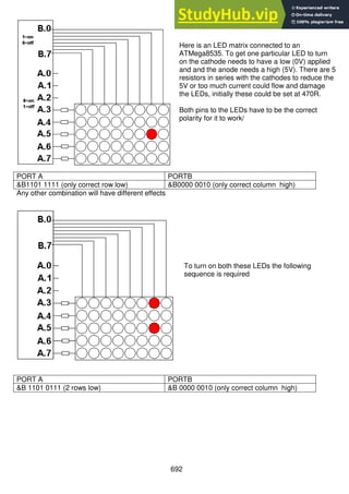 692
Here is an LED matrix connected to an
ATMega8535. To get one particular LED to turn
on the cathode needs to have a low (0V) applied
and and the anode needs a high (5V). There are 5
resistors in series with the cathodes to reduce the
5V or too much current could flow and damage
the LEDs, initially these could be set at 470R.
Both pins to the LEDs have to be the correct
polarity for it to work/
PORT A PORTB
&B1101 1111 (only correct row low) &B0000 0010 (only correct column high)
Any other combination will have different effects
To turn on both these LEDs the following
sequence is required
PORT A PORTB
&B 1101 0111 (2 rows low) &B 0000 0010 (only correct column high)
 