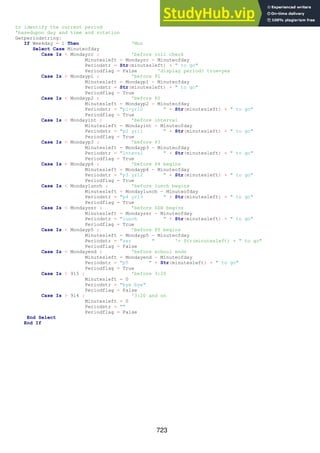 723
to identify the current period
'basedupon day and time and rotation
Getperiodstring:
If Weekday = 1 Then 'Mon
Select Case Minuteofday
Case Is < Mondayrc : 'before roll check
Minutesleft = Mondayrc - Minuteofday
Periodstr = Str(minutesleft) + " to go"
Periodflag = False 'display period? true=yes
Case Is < Mondayp1 : 'before P1
Minutesleft = Mondayp1 - Minuteofday
Periodstr = Str(minutesleft) + " to go"
Periodflag = True
Case Is < Mondayp2 : 'before P2
Minutesleft = Mondayp2 - Minuteofday
Periodstr = "p1-yr10 " + Str(minutesleft) + " to go"
Periodflag = True
Case Is < Mondayint : 'before interval
Minutesleft = Mondayint - Minuteofday
Periodstr = "p2 yr11 " + Str(minutesleft) + " to go"
Periodflag = True
Case Is < Mondayp3 : 'before P3
Minutesleft = Mondayp3 - Minuteofday
Periodstr = "1nteval " + Str(minutesleft) + " to go"
Periodflag = True
Case Is < Mondayp4 : 'before P4 begins
Minutesleft = Mondayp4 - Minuteofday
Periodstr = "p3 yr12 " + Str(minutesleft) + " to go"
Periodflag = True
Case Is < Mondaylunch : 'before lunch begins
Minutesleft = Mondaylunch - Minuteofday
Periodstr = "p4 yr13 " + Str(minutesleft) + " to go"
Periodflag = True
Case Is < Mondayssr : 'before SSR begins
Minutesleft = Mondayssr - Minuteofday
Periodstr = "lunch " + Str(minutesleft) + " to go"
Periodflag = True
Case Is < Mondayp5 : 'before P5 begins
Minutesleft = Mondayp5 - Minuteofday
Periodstr = "ssr " '+ Str(minutesleft) + " to go"
Periodflag = False
Case Is < Mondayend : 'before school ends
Minutesleft = Mondayend - Minuteofday
Periodstr = "p5 " + Str(minutesleft) + " to go"
Periodflag = True
Case Is < 915 : 'before 3:20
Minutesleft = 0
Periodstr = "bye bye"
Periodflag = False
Case Is > 914 : '3:20 and on
Minutesleft = 0
Periodstr = ""
Periodflag = False
End Select
End If
 