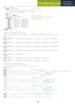 731
'digit scanning , gets 1 digit at a time to display it
Timer0_digitscan:
Timer0 = Scantimer ' preload timer
'only 1 digit can be displayed at a time
'so put data for next digit onto the segments
'then turn on the next digit
Incr Dig
If Dig = 8 Then Dig = 1 'max is 7 digits
Segmentbus = Digit(dig) 'get segmentsdata for this digit
Select Case Dig 'turn on one digit
Case 1 : Digitbus = &B10000000 'note there is no 0 digit
Case 2 : Digitbus = &B01000000
Case 3 : Digitbus = &B00100000
Case 4 : Digitbus = &B00010000
Case 5 : Digitbus = &B00001000
Case 6 : Digitbus = &B00000100
Case 7 : Digitbus = &B00000010
End Select
Return
'lookup tables FOR DIGIT DISPLAY
'code for each segment to identify it 'segments = &b C D E B A F G 0
'even though some characters appear as capitals only use small letters in the text
Text:
'A,b,C,d,E,F
Data &B10111110 , &B11100110 , &B01101100 , &B11110010 , &B01101110 , &B00101110
Text2:
'G,h,i,J, ,L
Data &B11101100 , &B10100110 , &B00100000 , &B11110000 , &B00000000 , &B01100100
Text3:
', ,n,o,P, ,r
Data &B00000000 , &B10111100 , &B11100010 , &B00111110 , &B00000000 , &B00100010
Text4:
'S,t,u, , , ,
Data &B11001110 , &B01100110 , &B11110100 , &B11110100 , &B00000000 , &B00000010
Text5:
'Y,-,
Data &B11010110 , &B00000000
Numbers:
'0,1,2,3,4
Data &B11111100 , &B10010000 , &B01111010 , &B11011010 , &B10010110
'5,6,7,8,9
Data &B11001110 , &B11101110 , &B10011000 , &B11111110 , &B10011110
'use bascom to get dayofyear calc
'divide dayofyear by 7 to get week
'note that the first week of the year will be 0 not 1
Weekrotation:
'2010
Data 0 , 0 , 0 , 0 , 0 , 0 'weekofyear 0,1,2,3 ,4
Data 1 , 2 , 3 , 4 , 5 , 6 , 1 , 2 , 0 , 0 'weekofyear 5-12 - rotations started in 2nd week
Data 3 , 4 , 5 , 6 , 1 , 2 , 3 , 4 , 5 , 6 , 1 , 0 , 0 'weekofyear 17-26
Data 2 , 3 , 4 , 5 , 6 , 1 , 2 , 3 , 4 , 5 , 0 , 0 'weekofyesr 29-38
Data 6 , 1 , 2 , 3 , 4 , 5 , 6 , 1 , 0 , 0 , 0 'weekofyear 41-49
'2009
'Data 0 , 0 , 0 , 0 'weekofyear 0,1,2,3
'Data 0 , 1 , 2 , 3 , 4 , 5 , 6 , 1 , 2 , 3 , 4 , 0 , 0 'weekofyear 4-14
'Data 5 , 6 , 1 , 2 , 3 , 4 , 5 , 6 , 1 , 2 , 0 , 0 'weekofyear 17-26
'Data 3 , 4 , 5 , 6 , 1 , 2 , 3 , 4 , 5 , 6 , 0 , 0 'weekofyesr 29-38
'Data 1 , 2 , 3 , 4 , 5 , 6 , 1 , 2 , 3 , 0 , 0 , 0 'weekofyear 41-49
'2008
'Data 0 , 0 , 0 , 0 , 0 'weekofyear 0,1,2,3,4
'Data 1 , 2 , 3 , 4 , 5 , 6 , 1 , 2 , 3 , 4 , 5 , 0 , 0 'weekofyear 5-15...
'Data 6 , 1 , 2 , 3 , 4 , 5 , 6 , 1 , 2 , 0 , 0 'weekofyear 18-26
'Data 3 , 4 , 5 , 6 , 1 , 2 , 3 , 4 , 5 , 6 , 0 , 0 'weekofyesr 29-38
'Data 1 , 2 , 3 , 4 , 5 , 6 , 1 , 2 , 3 , 0 , 0 , 0 'weekofyear 41-48
Tuett: 'note blank data as lookup starts at 0
Data "" , "p1 yr11" , "p2 yr12" , "p3 yr13" , "p4 yr10" , "" , "p6-yr10"
Fritt:
Data "" , "p1 yr10" , "p2-yr10" , "p3 yr11" , "p4 yr12" , "p5 yr13" , " "
 