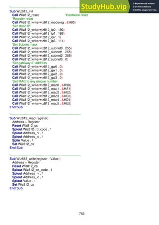 783
'------------------------------------------------------------------
Sub Wiz812_init
Call Wiz812_reset 'Hardware reset
'Register reset
Call Wiz812_write(wiz812_modereg , &H80)
'Set static IP
Call Wiz812_write(wiz812_ip0 , 192)
Call Wiz812_write(wiz812_ip1 , 168)
Call Wiz812_write(wiz812_ip2 , 1)
Call Wiz812_write(wiz812_ip3 , 114)
'Set Subnet mask
Call Wiz812_write(wiz812_subnet0 , 255)
Call Wiz812_write(wiz812_subnet1 , 255)
Call Wiz812_write(wiz812_subnet2 , 255)
Call Wiz812_write(wiz812_subnet3 , 0)
'Set gateway IP address
Call Wiz812_write(wiz812_gw0 , 0)
Call Wiz812_write(wiz812_gw1 , 0)
Call Wiz812_write(wiz812_gw2 , 0)
Call Wiz812_write(wiz812_gw3 , 0)
'Set MAC to any unique number
Call Wiz812_write(wiz812_mac0 , &H90)
Call Wiz812_write(wiz812_mac1 , &HA1)
Call Wiz812_write(wiz812_mac2 , &HB2)
Call Wiz812_write(wiz812_mac3 , &HC3)
Call Wiz812_write(wiz812_mac4 , &HD4)
Call Wiz812_write(wiz812_mac5 , &HE5)
End Sub
'------------------------------------------------------------------
Sub Wiz812_read(register)
Address = Register
Reset Wiz812_cs
Spiout Wiz812_rd_code , 1
Spiout Address_hi , 1
Spiout Address_lo , 1
Spiin Value , 1
Set Wiz812_cs
End Sub
'------------------------------------------------------------------
Sub Wiz812_write(register , Value )
Address = Register
Reset Wiz812_cs
Spiout Wiz812_wr_code , 1
Spiout Address_hi , 1
Spiout Address_lo , 1
Spiout Value , 1
Set Wiz812_cs
End Sub
 