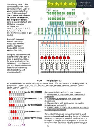 79
You already have 1 LED
connected to portA.7 now
connect another 7 LEDs to
your microcontroller from
ports A.6 through to A.0
(each needs an individual
1k current limit resistor,
see the picture below) .
Write a program to flash all 8
LEDs in a repeating
sequence e.g.
'led1, 2, 3, 4, 5, 6, 7, 8. 7, 6,
5, 4, 3, 2, 1, 2, 3...
Use the following code to get
started
Porta=&B10000000
Waitms flashdelay
Porta=&B01000000
Waitms flashdelay
Porta=&B00100000
Waitms flashdelay
…
Using the above command
to control the whole port at
once is quicker and easier
for some applications than
individually controlling each
pin. You need to choose the
best way when thinking
about readability and
understandability.
6.20 Knightrider v2
As a second exercise rewrite the program so that three LEDs turn on at as in the Knightrider car.
Sequence = LED0, LED01, LED012, LED123, LED234, LED345, LED456, LED567, LED67,
LED7, LED67, LED567…
Success criteria to work on in your program
2. Use spaces to help layout your program so it
looks good
3. Comment your program with short clear
descriptions
4. Use constants with good names e.g. waitms
flashdelay not waitms 150
5. Keep a record of BOTH the schematic and layout
changes in your notebook
Remember that using a constant is meeting good
programming codes of practice; it means that when
you want to change the speed all you have to do is
change it in one place in the program. If you didn’t
use Const then you would have to go through your
 