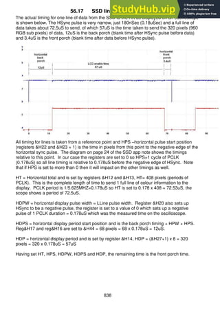 838
56.17 SSD line / HSync timing
The actual timing for one line of data from the SSD to the HX as displayed on an oscilloscope
is shown below. The HSync pulse is very narrow, just 180nSec (0.18uSec) and a full line of
data takes about 72.5uS to send, of which 57uS is the time taken to send the 320 pixels (960
RGB sub pixels) of data, 12uS is the back porch (blank time after HSync pulse before data)
and 3.4uS is the front porch (blank time after data before HSync pulse).
All timing for lines is taken from a reference point and HPS –horizontal pulse start position
(registers &H22 and &H23 + 1) is the time in pixels from this point to the negative edge of the
horizontal sync pulse. The diagram on page 24 of the SSD app note shows the timings
relative to this point. In our case the registers are set to 0 so HPS=1 cycle of PCLK
(0.178uS) so all line timing is relative to 0.178uS before the negative edge of HSync. Note
that if HPS is set to more than 0 then it will impact on the other timings as well.
HT = Horizontal total and is set by registers &H12 and &H13, HT= 408 pixels (periods of
PCLK). This is the complete length of time to send 1 full line of colour information to the
display. PCLK period is 1/5.625MHZ=0.178uS so HT is set to 0.178 x 408 = 72.53uS, the
scope shows a period of 72.5uS.
HDPW = horizontal display pulse width = LLine pulse width. Register &H20 also sets up
HSync to be a negative pulse, the register is set to a value of 0 which sets up a negative
pulse of 1 PCLK duration = 0.178uS which was the measured time on the oscilloscope.
HDPS = horizontal display period start position and is the back porch timing + HPW + HPS.
Reg&H17 and reg&H16 are set to &H44 = 68 pixels = 68 x 0.178uS = 12uS.
HDP = horizontal display period and is set by register &H14, HDP = (&H27+1) x 8 = 320
pixels = 320 x 0.178uS = 57uS
Having set HT, HPS, HDPW, HDPS and HDP, the remaining time is the front porch time.
 