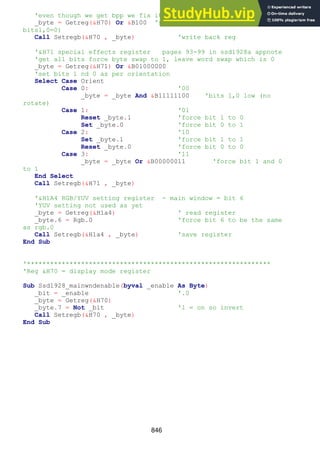 846
'even though we get bpp we fix it as 16 bits at this stage
_byte = Getreg(&H70) Or &B100 'read reg, fix bit2 (assume
bits1,0=0)
Call Setregb(&H70 , _byte) 'write back reg
'&H71 special effects register pages 93-99 in ssd1928a appnote
'get all bits force byte swap to 1, leave word swap which is 0
_byte = Getreg(&H71) Or &B01000000
'set bits 1 nd 0 as per orientation
Select Case Orient
Case 0: '00
_byte = _byte And &B11111100 'bits 1,0 low (no
rotate)
Case 1: '01
Reset _byte.1 'force bit 1 to 0
Set _byte.0 'force bit 0 to 1
Case 2: '10
Set _byte.1 'force bit 1 to 1
Reset _byte.0 'force bit 0 to 0
Case 3: '11
_byte = _byte Or &B00000011 'force bit 1 and 0
to 1
End Select
Call Setregb(&H71 , _byte)
'&H1A4 RGB/YUV setting register - main window = bit 6
'YUV setting not used as yet
_byte = Getreg(&H1a4) ' read register
_byte.6 = Rgb.0 'force bit 6 to be the same
as rgb.0
Call Setregb(&H1a4 , _byte) 'save register
End Sub
'***************************************************************
'Reg &H70 = display mode register
Sub Ssd1928_mainwndenable(byval _enable As Byte)
_bit = _enable '.0
_byte = Getreg(&H70)
_byte.7 = Not _bit '1 = on so invert
Call Setregb(&H70 , _byte)
End Sub
 