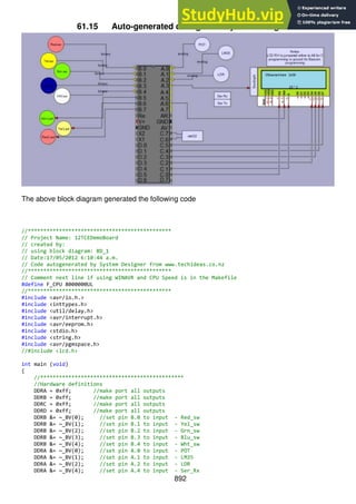 892
61.15 Auto-generated config from System Designer
The above block diagram generated the following code
//**********************************************
// Project Name: 12TCEDemoBoard
// created by:
// using block diagram: BD_1
// Date:17/05/2012 6:10:44 a.m.
// Code autogenerated by System Designer from www.techideas.co.nz
//**********************************************
// Comment next line if using WINAVR and CPU Speed is in the Makefile
#define F_CPU 8000000UL
//**********************************************
#include <avr/io.h.>
#include <inttypes.h>
#include <util/delay.h>
#include <avr/interrupt.h>
#include <avr/eeprom.h>
#include <stdio.h>
#include <string.h>
#include <avr/pgmspace.h>
//#include <lcd.h>
int main (void)
{
//**********************************************
//Hardware definitions
DDRA = 0xff; //make port all outputs
DDRB = 0xff; //make port all outputs
DDRC = 0xff; //make port all outputs
DDRD = 0xff; //make port all outputs
DDRB &= ~_BV(0); //set pin B.0 to input - Red_sw
DDRB &= ~_BV(1); //set pin B.1 to input - Yel_sw
DDRB &= ~_BV(2); //set pin B.2 to input - Grn_sw
DDRB &= ~_BV(3); //set pin B.3 to input - Blu_sw
DDRB &= ~_BV(4); //set pin B.4 to input - Wht_sw
DDRA &= ~_BV(0); //set pin A.0 to input - POT
DDRA &= ~_BV(1); //set pin A.1 to input - LM35
DDRA &= ~_BV(2); //set pin A.2 to input - LDR
DDRA &= ~_BV(4); //set pin A.4 to input - Ser_Rx
 
