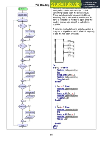 98
7.8 Reading multiple switches
Often the microcontroller is required to read
multiple input switches and then control
something based upon the switch inputs.
These switches might be connected to an
assembly line to indicate the presence of an
item, to indicate if a window is open or to the
landing gear of a jet aircraft to indicate its
position.
A common method of using switches within a
program is to poll the switch (check it regularly
to see if it has been pressed).
Do
If Sw0 = 0 Then
Waitms debouncetime
Do
Loop until Sw0 = 1
Waitms debouncetime
Toggle Led0
End If
If Sw1 = 0 Then
Waitms debouncetime
Do
Loop until Sw1 = 1
Waitms debouncetime
Toggle Led1
End If
...
...
If Sw4 = 0 Then
Waitms debouncetime
Do
Loop until Sw4 = 1
Waitms debouncetime
Toggle Led4
...
End If
Loop
End
 