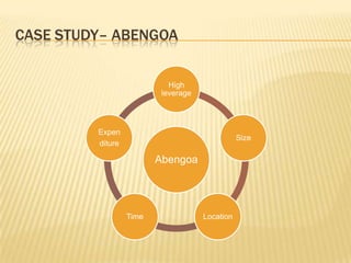 CASE STUDY– ABENGOA


                            High
                          leverage




         Expen
                                                Size
         diture

                         Abengoa




                  Time               Location
 