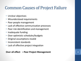 Common Causes of Project Failure
• Unclear objectives
• Misunderstood requirements
• Poor people management
• Lack of effective communication processes
• Poor risk identification and management
• Inadequate funding
• Over optimistic schedules/budgets
• Original assumptions invalid
• Inconsistent standards
• Lack of effective project integration
Over all effect – Poor Project Management 4
 