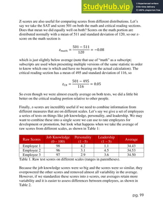 pg. 99
Z-scores are also useful for comparing scores from different distributions. Let’s
say we take the SAT and score 501 on both the math and critical reading sections.
Does that mean we did equally well on both? Scores on the math portion are
distributed normally with a mean of 511 and standard deviation of 120, so our z-
score on the math section is
𝑧𝑚𝑎𝑡ℎ =
501 − 511
120
= −0.08
which is just slightly below average (note that use of “math” as a subscript;
subscripts are used when presenting multiple versions of the same statistic in order
to know which one is which and have no bearing on the actual calculation). The
critical reading section has a mean of 495 and standard deviation of 116, so
𝑧𝐶𝑅 =
501 − 495
116
= 0.05
So even though we were almost exactly average on both tests, we did a little bit
better on the critical reading portion relative to other people.
Finally, z-scores are incredibly useful if we need to combine information from
different measures that are on different scales. Let’s say we give a set of employees
a series of tests on things like job knowledge, personality, and leadership. We may
want to combine these into a single score we can use to rate employees for
development or promotion, but look what happens when we take the average of
raw scores from different scales, as shown in Table 1:
Raw Scores
Job Knowledge
(0 – 100)
Personality
(1 –5)
Leadership
(1 – 5)
Average
Employee 1 98 4.2 1.1 34.43
Employee 2 96 3.1 4.5 34.53
Employee 3 97 2.9 3.6 34.50
Table 1. Raw test scores on different scales (ranges in parentheses).
Because the job knowledge scores were so big and the scores were so similar, they
overpowered the other scores and removed almost all variability in the average.
However, if we standardize these scores into z-scores, our averages retain more
variability and it is easier to assess differences between employees, as shown in
Table 2.
 