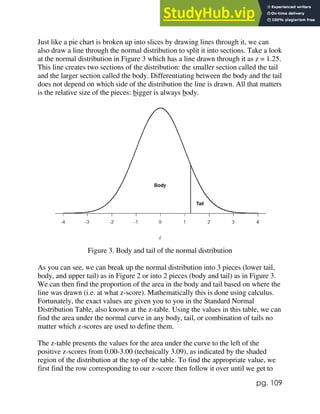 pg. 109
Just like a pie chart is broken up into slices by drawing lines through it, we can
also draw a line through the normal distribution to split it into sections. Take a look
at the normal distribution in Figure 3 which has a line drawn through it as z = 1.25.
This line creates two sections of the distribution: the smaller section called the tail
and the larger section called the body. Differentiating between the body and the tail
does not depend on which side of the distribution the line is drawn. All that matters
is the relative size of the pieces: bigger is always body.
Figure 3. Body and tail of the normal distribution
As you can see, we can break up the normal distribution into 3 pieces (lower tail,
body, and upper tail) as in Figure 2 or into 2 pieces (body and tail) as in Figure 3.
We can then find the proportion of the area in the body and tail based on where the
line was drawn (i.e. at what z-score). Mathematically this is done using calculus.
Fortunately, the exact values are given you to you in the Standard Normal
Distribution Table, also known at the z-table. Using the values in this table, we can
find the area under the normal curve in any body, tail, or combination of tails no
matter which z-scores are used to define them.
The z-table presents the values for the area under the curve to the left of the
positive z-scores from 0.00-3.00 (technically 3.09), as indicated by the shaded
region of the distribution at the top of the table. To find the appropriate value, we
first find the row corresponding to our z-score then follow it over until we get to
 
